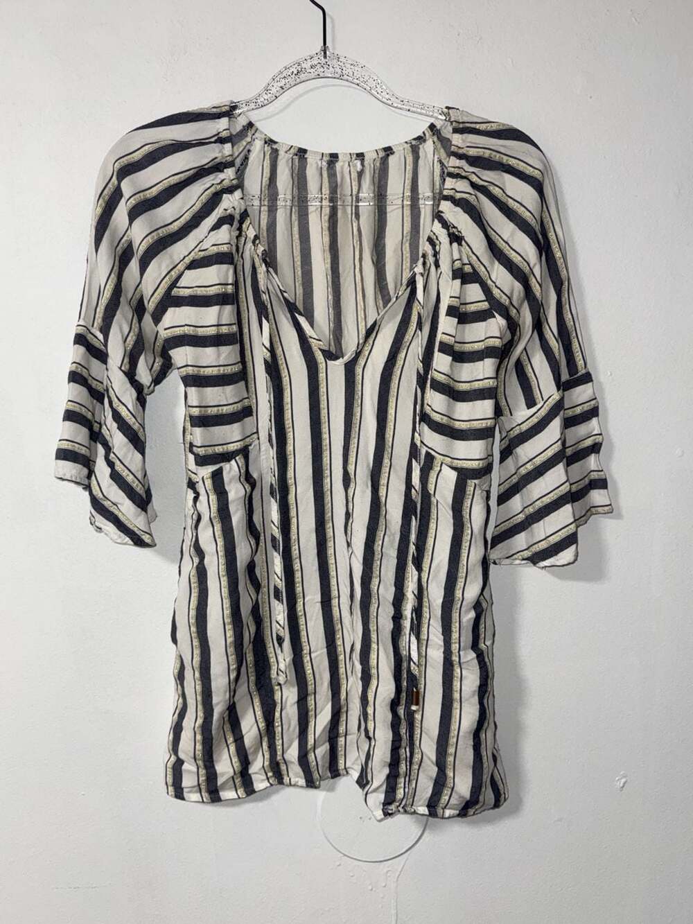 Blue Island Striped Bell Sleeve Beach Cover-Up Blouse White Navy Gold